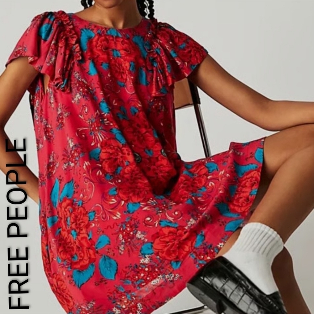Free People Revolve Yara Floral Printed Mini Dress Fairy Boho Relaxed Ruffle XS